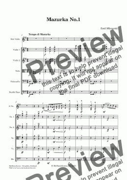 page one of Młynarski Mazurka No. 1 for Solo Violin - String Orchestra - Full Score-A4