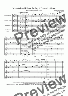 page one of Royal Fireworks Music, Minuets I & II (Clarinet Quartet)