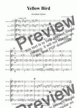 page one of Yellow Bird - Haitian Folk Song Calypso - Saxophone Quintet - Score and parts