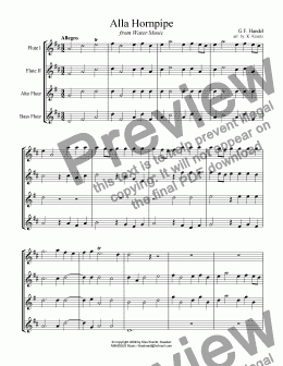 page one of Alla Hornpipe from Water Music for flute quartet
