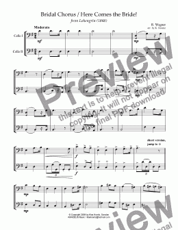 page one of Bridal chorus from Lohengrin - Here comes the bride! for cello duet (G major)