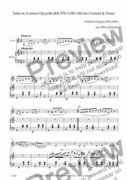 page one of Valse in A minor Op.poth (KK IVb-11/BI-150) for Clarinet & Piano