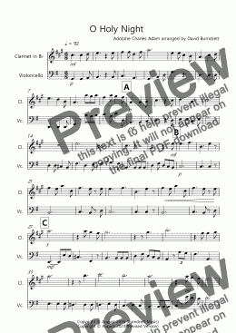 page one of O Holy Night for Clarinet and Cello Duet