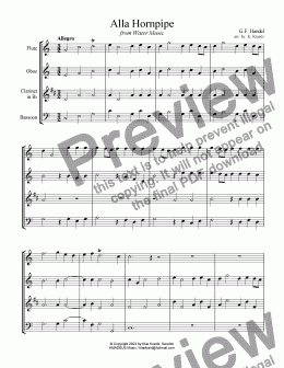 page one of Alla Hornpipe from Water Music for wind quartet