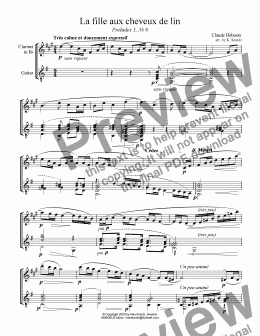 page one of La fille aux cheveux de lin / The Girl with the Flaxen Hair for clarinet in Bb and guitar