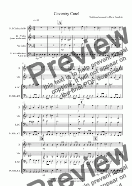 page one of Coventry Carol for Clarinet or Violin, Cello and Double Bass Trio