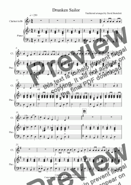 page one of Drunken Sailor for Clarinet and Piano