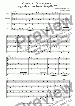 page one of Concerto in d for string quartet  originally for two oboes & strings RV.535