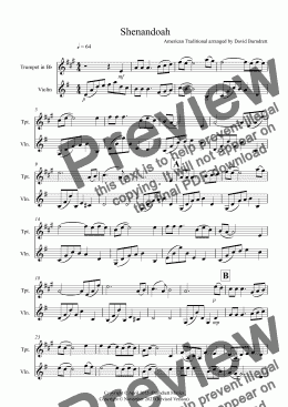 page one of Shenandoah for Trumpet and Violin Duet