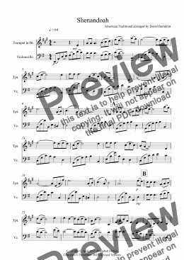 page one of Shenandoah for Trumpet and Cello Duet