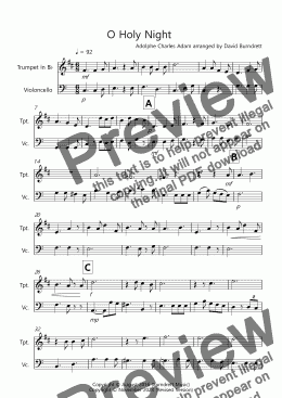 page one of O Holy Night for Trumpet and Cello Duet