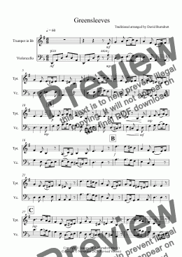 page one of Greensleeves for Trumpet and Cello Duet