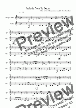 page one of Prelude from Te Deum for Trumpet and Violin Duet