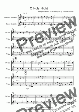 page one of O Holy Night for Descant and Tenor Recorder Duet