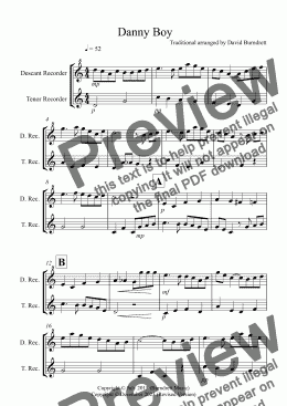 page one of Danny Boy for Descant and Tenor Recorder Duet