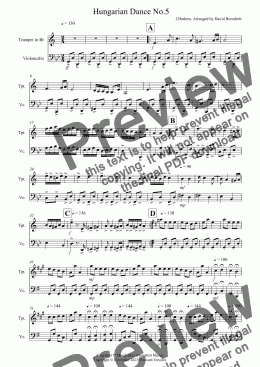 page one of Hungarian Dance No.5 for Trumpet and Cello Duet
