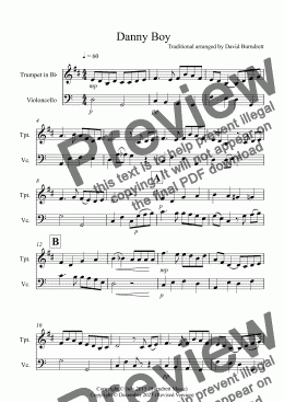 page one of Danny Boy for Trumpet and Cello Duet