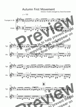 page one of Autumn "Four Seasons" for Trumpet and Violin Duet