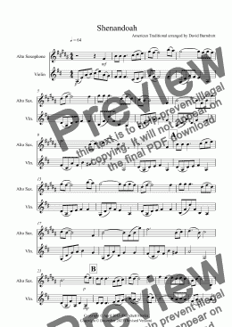 page one of Shenandoah for Alto Saxophone and Violin Duet