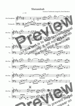 page one of Shenandoah for Alto Saxophone and Cello Duet