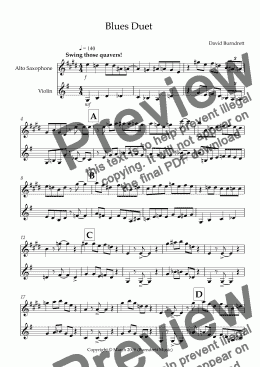 page one of Blues Duet for Alto Saxophone and Violin Duet