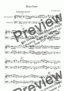 page one of Blues Duet for Alto Saxophone and Cello Duet