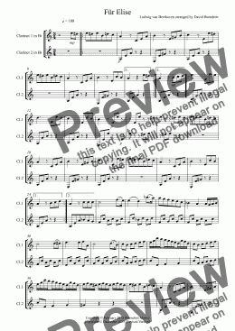 page one of Für Elise for Clarinet Duet