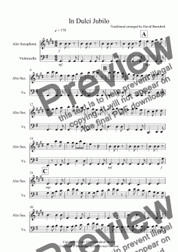 page one of In Dulci Jubilo for Alto Saxophone and Cello Duet