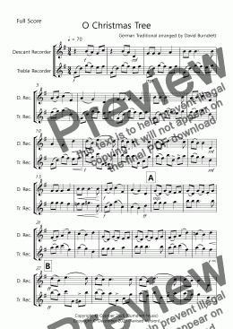 page one of O Christmas Tree for Descant and Tenor Recorder Duet