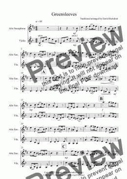 page one of Greensleeves for Alto Saxophone and Violin Duet