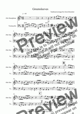 page one of Greensleeves for Alto Saxophone and Cello Duet