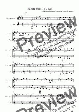 page one of Prelude from Te Deum for Alto Saxophone and Violin
