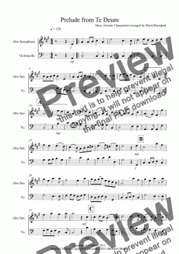 page one of Prelude from Te Deum for Alto Saxophone and Cello Duet