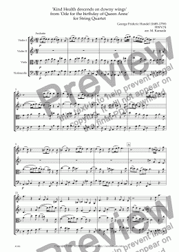 page one of ’Kind Health descends on downy wings’  from ’Ode for the birthday of Queen Anne’ HWV.74 for String Quartet