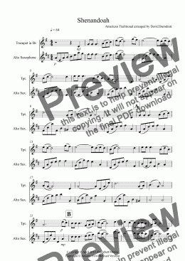 page one of Shenandoah for Trumpet and Alto Saxophone Duet