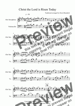page one of Christ the Lord is Risen Today for Alto Saxophone and Cello Duet
