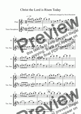 page one of Christ the Lord is Risen Today for Flute and Tenor Saxophone Duet