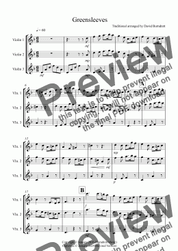 page one of Greensleeves for Violin Trio