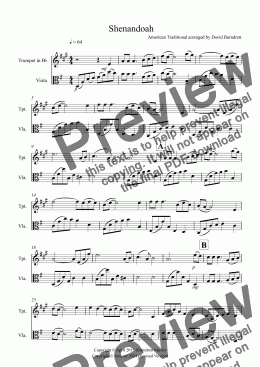page one of Shenandoah for Trumpet and Viola Duet