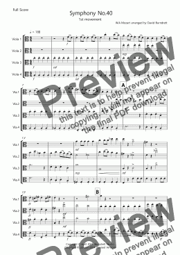 page one of Symphony No.40 (1st movement) for Viola Quartet