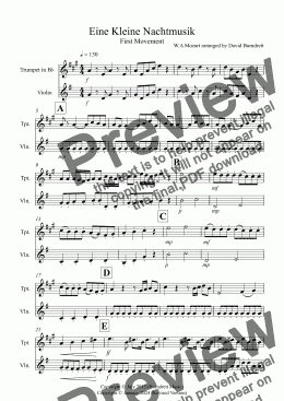 page one of Eine Kleine Nachtmusik (1st movement) for Trumpet and Violin Duet