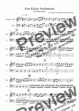 page one of Eine Kleine Nachtmusik (1st movement) for Trumpet and Cello Duet