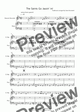 page one of The Saints Go Jazzin' in! for Descant Recorder and Piano