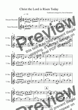 page one of Christ the Lord is Risen Today for Descant and Tenor Recorder Duet