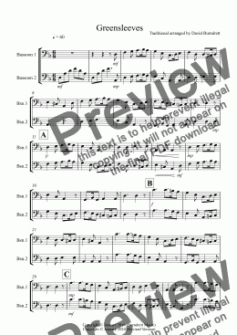 page one of Greensleeves for Bassoon Duet