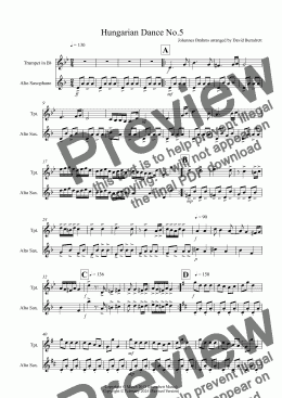page one of Hungarian Dance No.5 Trumpet and Alto Saxophone Duet 