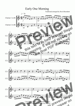 page one of Early One Morning for Clarinet Duet