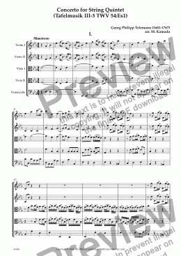page one of Concerto for String Quintet (Tafelmusik III-3 TWV 54:Es1)