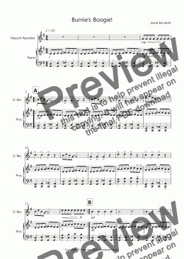 page one of Burnie's Boogie! for Easy Descant Recorder and Piano