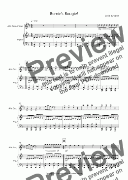 page one of Burnie's Boogie! for Easy Alto Saxophone and Piano